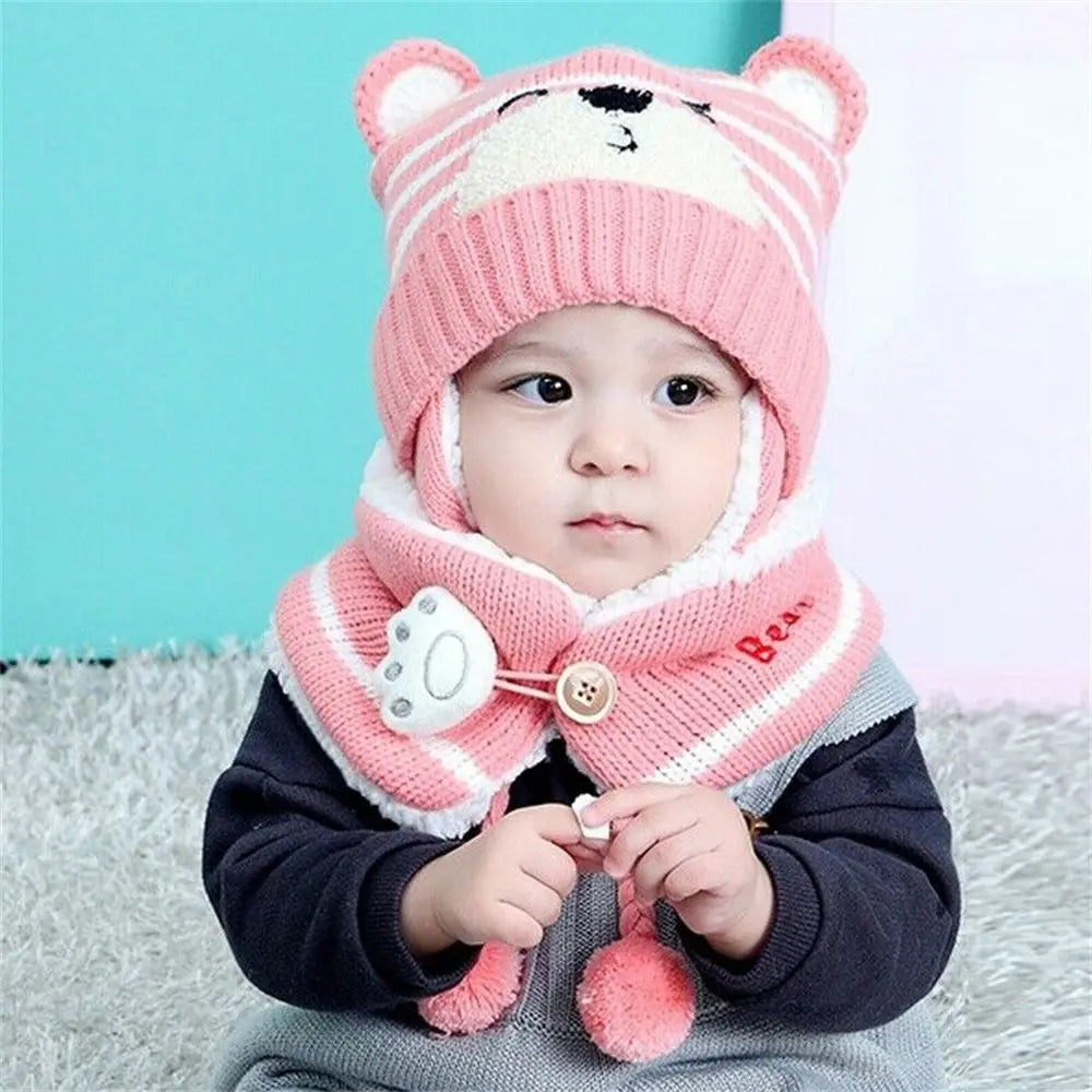 Warm Toddler Baby Winter Boys Girl Neck Scarf Baby Beanie Cap Kids Hat Scarf Set Bear Earmuff