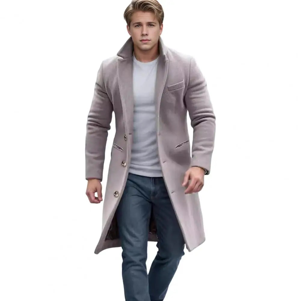 Woolen Coat Men Jacket Elegant Men's Woolen Coat with Lapel Pockets Single Breasted Long Sleeve Jacket Solid Color for Winter