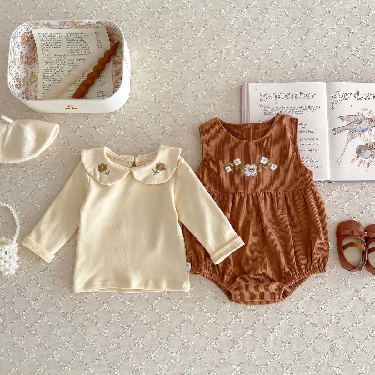 Baby  Suit Sleeveless Romper + Long Sleeves Shirt Corduroy Embroidered   Sweetheart  Baby Girls Bodysuit 1-3Y