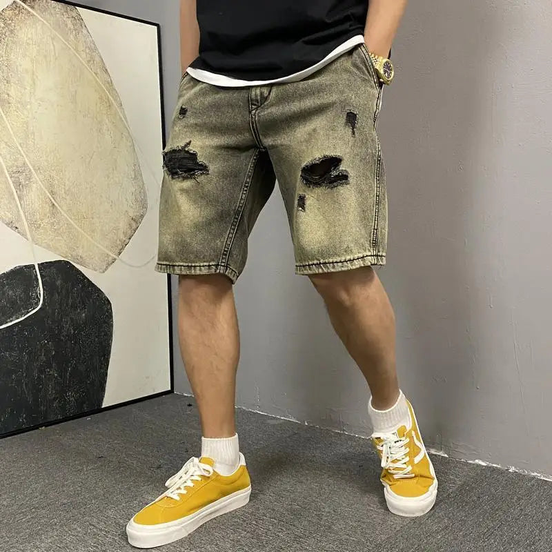 Men's New Button Zipper Pocket Straight Loose Five-point Casual Wash Retro Yellow Mud Ripped Denim Shorts