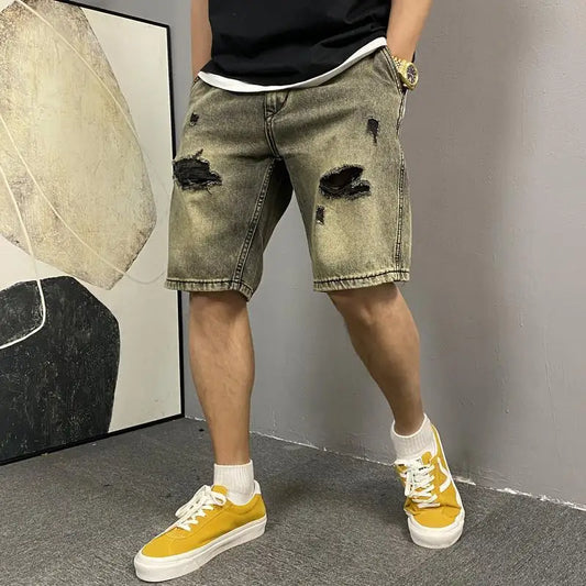 Men's New Button Zipper Pocket Straight Loose Five-point Casual Wash Retro Yellow Mud Ripped Denim Shorts