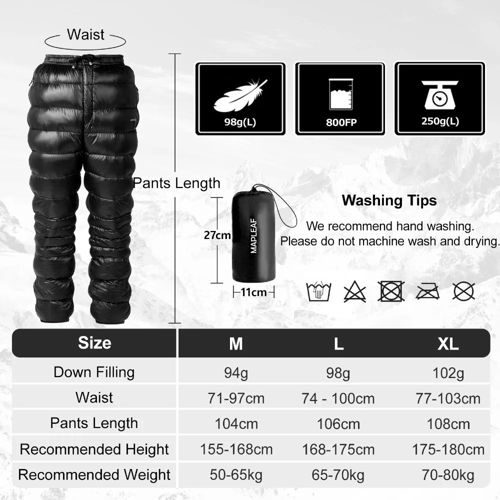 Mapleaf Down Pants Ultralight Warm 800FP Winter Snow Pants With Zipper Pockets Windproof Waterproof Camping Home Unisex