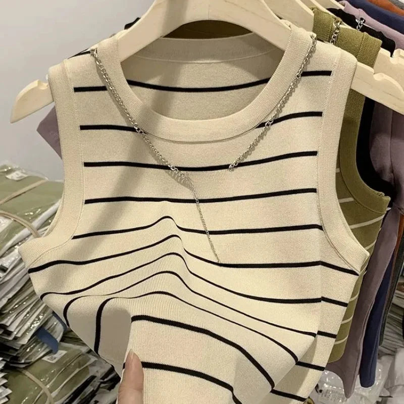 Korean Elegant Chic Knit Vest Stripe Casual Sweet Office Lady Cardigan Women's Sweater Jacket Vintage Basic Tank Top Outerwears