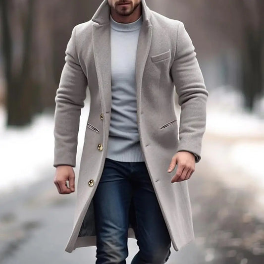 Woolen Coat Men Jacket Elegant Men's Woolen Coat with Lapel Pockets Single Breasted Long Sleeve Jacket Solid Color for Winter
