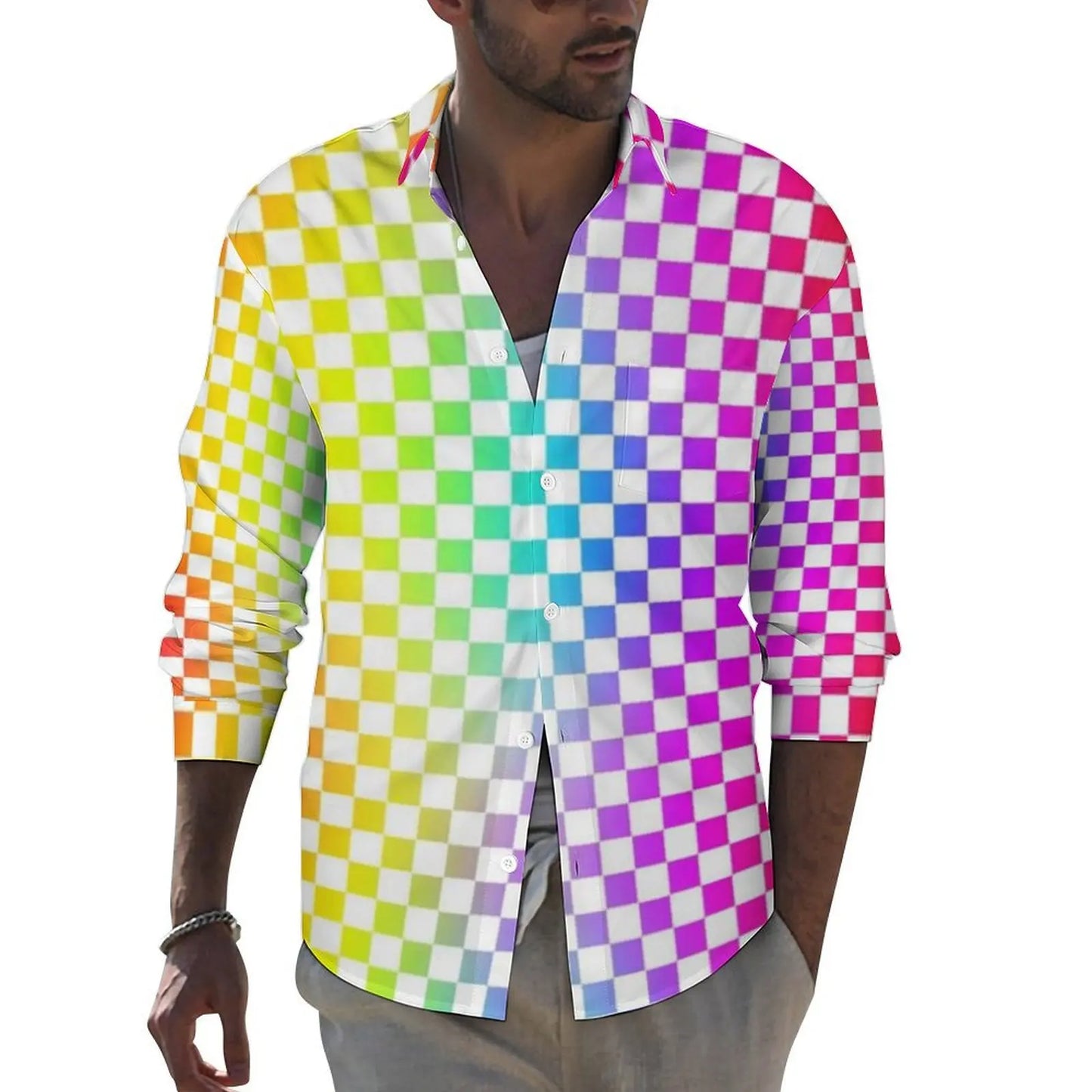 Black Checkerboard Shirt Men Classic Black and White Checker Casual Shirts Autumn Blouses Long Sleeve Fashion Oversized Clothing
