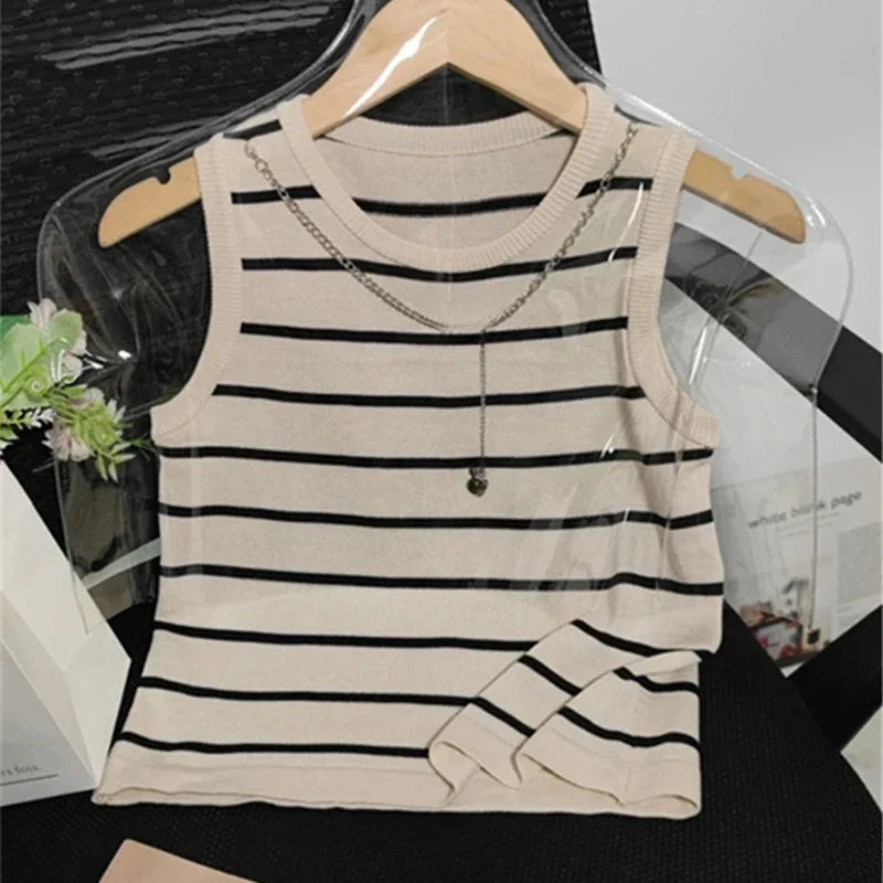 Korean Elegant Chic Knit Vest Stripe Casual Sweet Office Lady Cardigan Women's Sweater Jacket Vintage Basic Tank Top Outerwears
