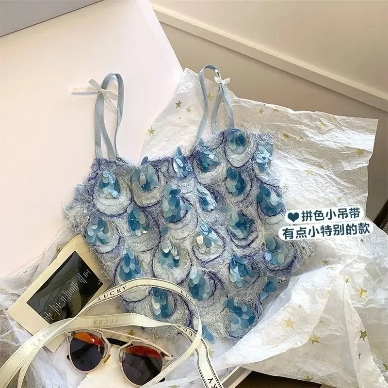 Crop Top Women Korean Fashion Clothing Crochet Ropa Mujer Halter Sexy Bow Sequin Tanks Summer Clothes for  Camis T Shirt