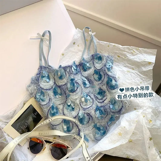 Crop Top Women Korean Fashion Clothing Crochet Ropa Mujer Halter Sexy Bow Sequin Tanks Summer Clothes for  Camis T Shirt