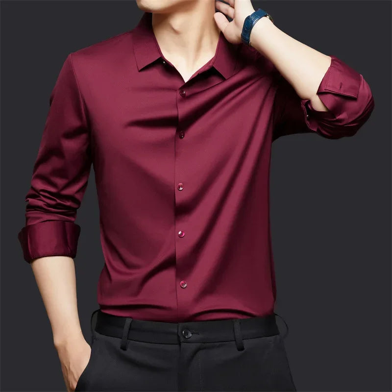 Spring and summer seamless high elasticity men's shirt long sleeved business casual wrinkle free shirt men's silky smooth shirt