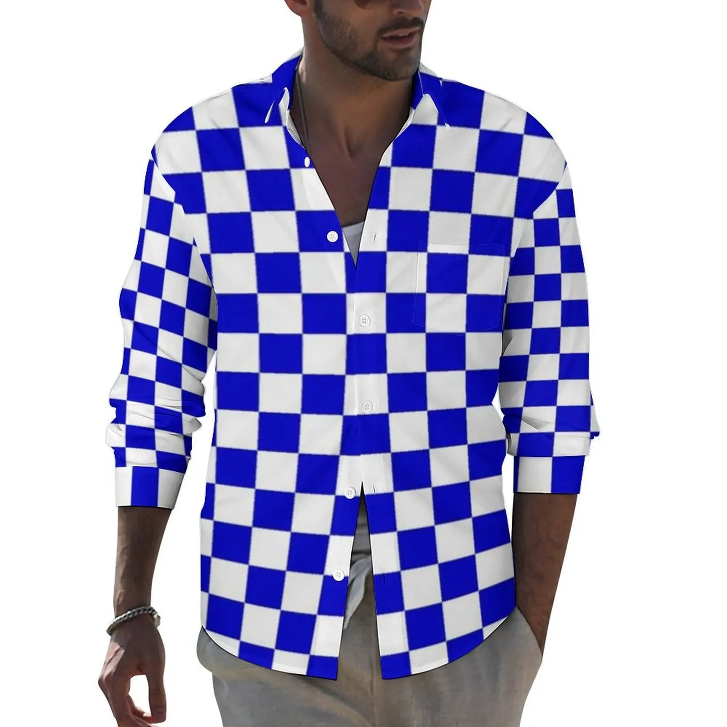 Black Checkerboard Shirt Men Classic Black and White Checker Casual Shirts Autumn Blouses Long Sleeve Fashion Oversized Clothing