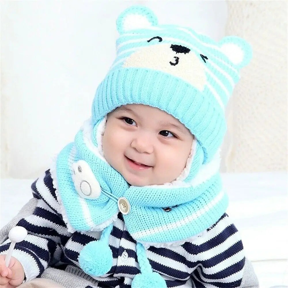 Warm Toddler Baby Winter Boys Girl Neck Scarf Baby Beanie Cap Kids Hat Scarf Set Bear Earmuff