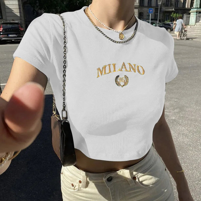 2024 New Women Cropped Top T-shirts Summer Fashion Embroidery Letter O-Neck Green Tees Slim Simple Basic Versatile Cropped Top