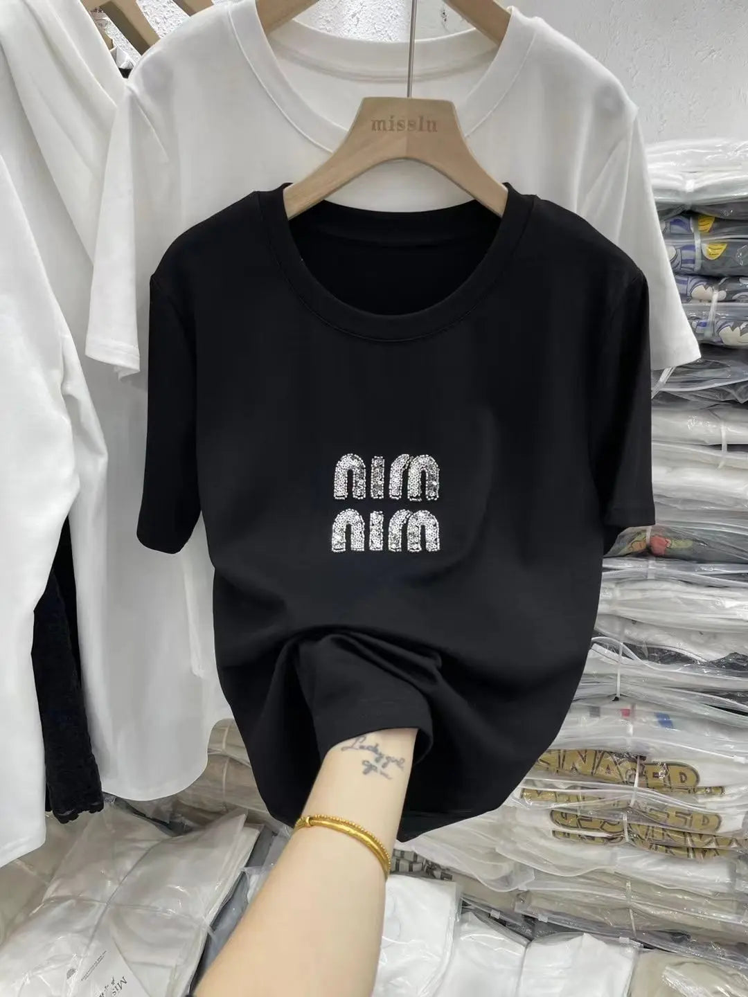 Women's Bead New Round Neck Heavy Industry Short Sleeve Summer T-shirt Fashion Casual Lady T-shirt