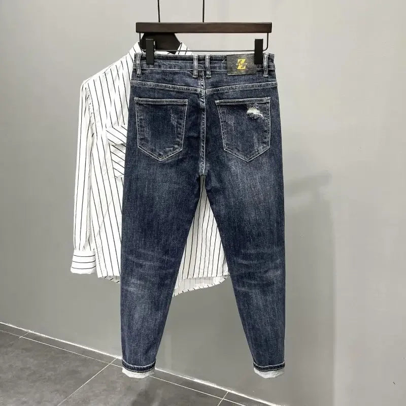 Tapered Jeans for Men Ripped Black Trousers with Holes Torn Man Cowboy Pants Broken Classic Clothes Y2k 2000s High Quality Kpop