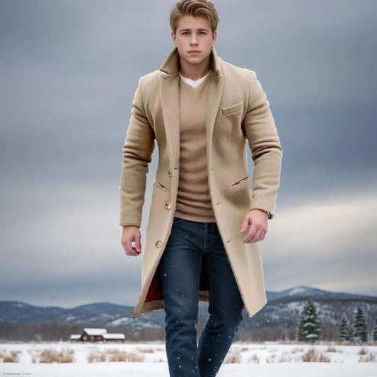 Woolen Coat Men Jacket Elegant Men's Woolen Coat with Lapel Pockets Single Breasted Long Sleeve Jacket Solid Color for Winter