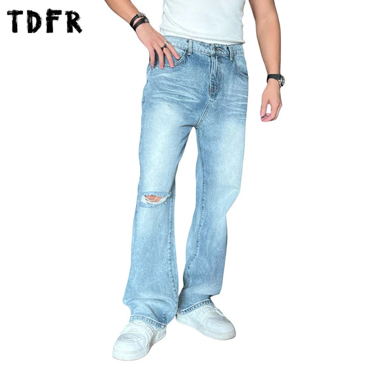 Ripped Denim Pants Mens Washed Distressed Retro Streetwear Baggy Straight Wide Leg Jeans Men