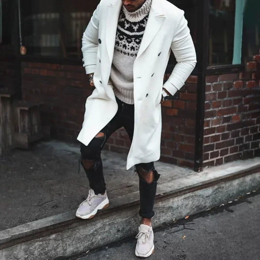 Fashion Men Woolen Coat  New Solid Casual Lapel Double-breasted Coat Woolen Coat Men  Long Sleeve Cardigan Overcoat Tops