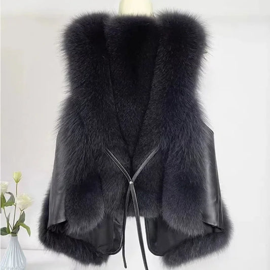 2025 Autumn Winter Women Vest Short Style Splicing Solid Color Fur Coat New