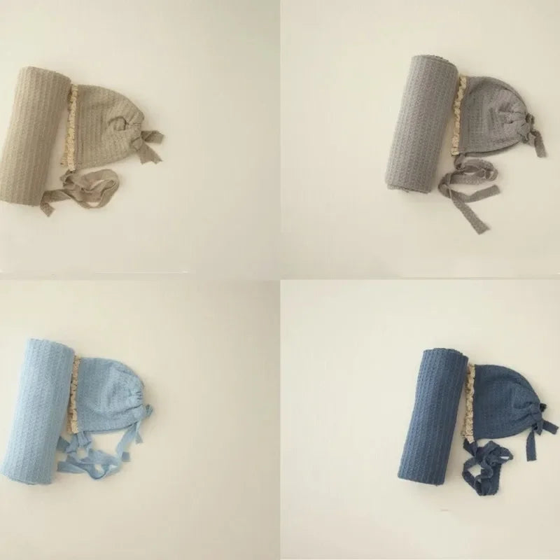 Baby Beanie Hat Boy Girl Lace Hat+Stretch Wrap Blanket Newborn Photography Props Cap