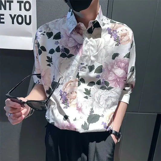 Men's Shirt Half Sleeve White Floral Print Button Up Cotton Sale Fashion 2025 Designer with Sleeves Man Normal Silk Male Shirts