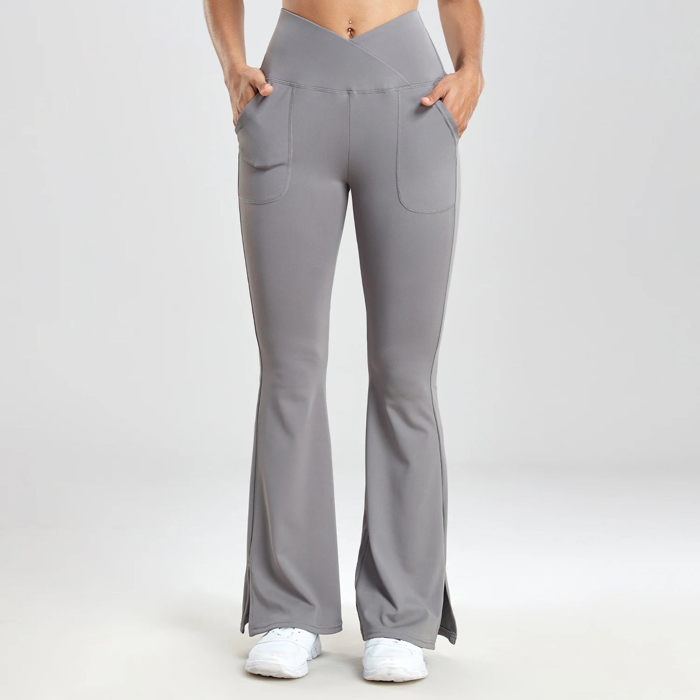 Women Casual Solid V-Waist Pocket Side Vent  Flared Leggings Slim Fit  Fashion Streetwear Lady Pants