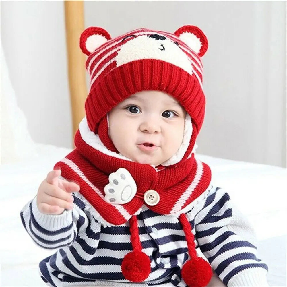 Warm Toddler Baby Winter Boys Girl Neck Scarf Baby Beanie Cap Kids Hat Scarf Set Bear Earmuff