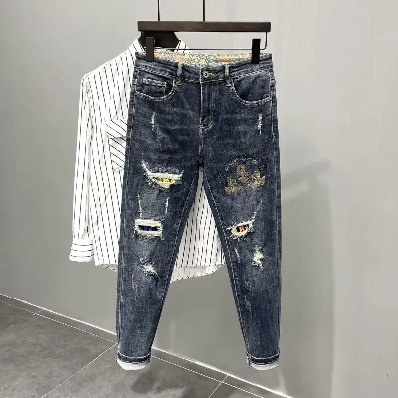 Tapered Jeans for Men Ripped Black Trousers with Holes Torn Man Cowboy Pants Broken Classic Clothes Y2k 2000s High Quality Kpop