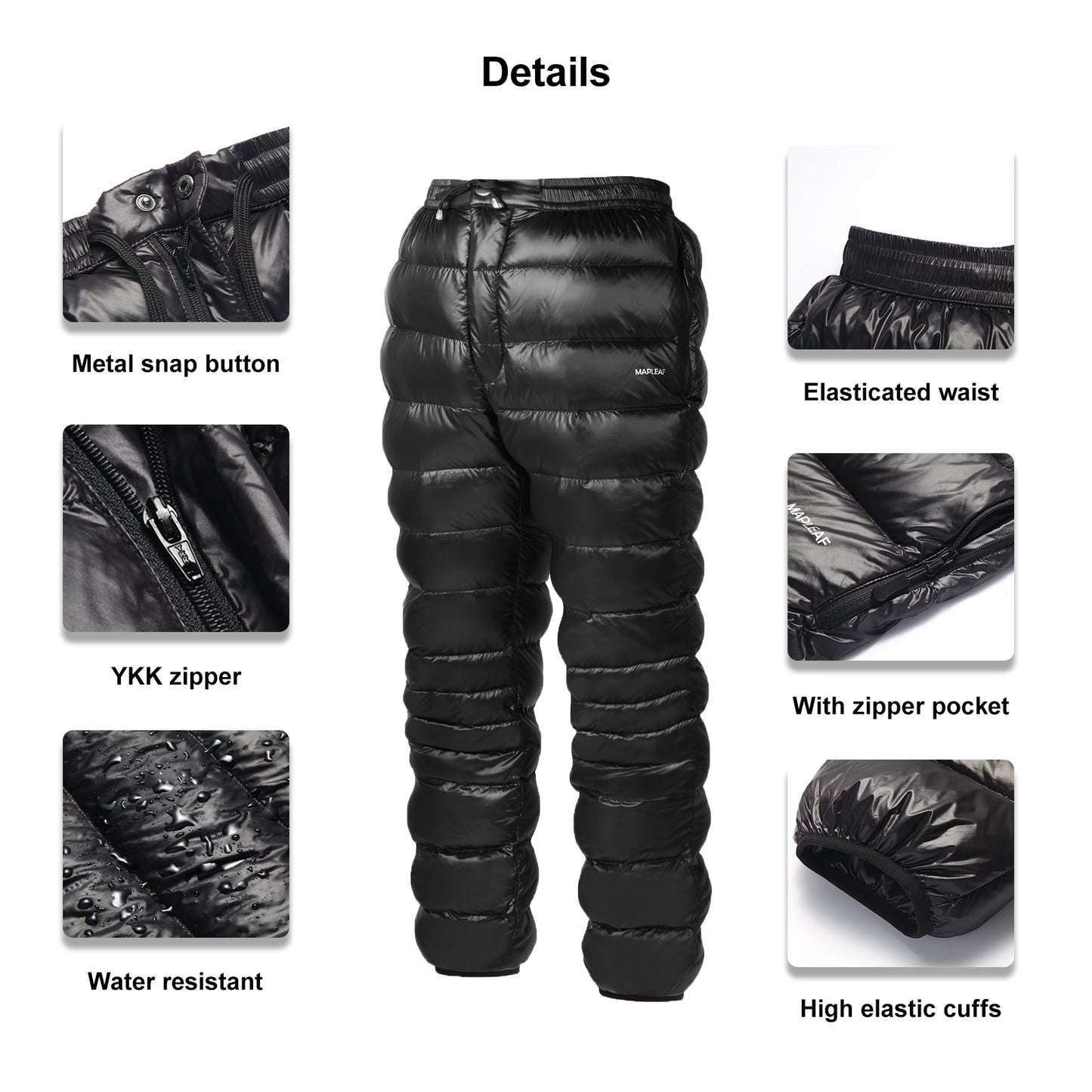 Mapleaf Down Pants Ultralight Warm 800FP Winter Snow Pants With Zipper Pockets Windproof Waterproof Camping Home Unisex