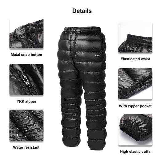Mapleaf Down Pants Ultralight Warm 800FP Winter Snow Pants With Zipper Pockets Windproof Waterproof Camping Home Unisex