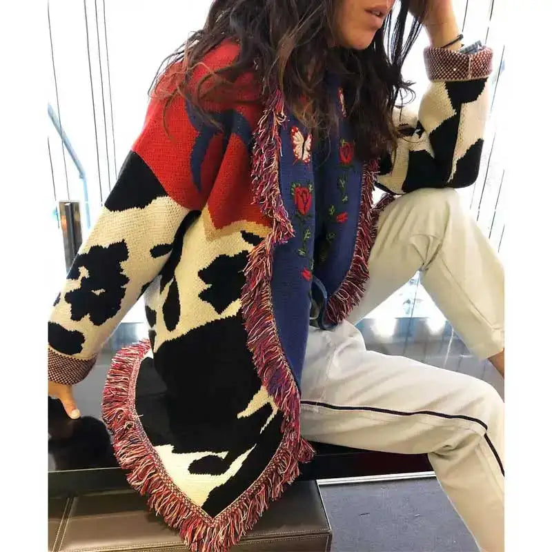 Hand-made cardigan jacquard cardigan fringed trims long sleeve cardigan women winter clothes women