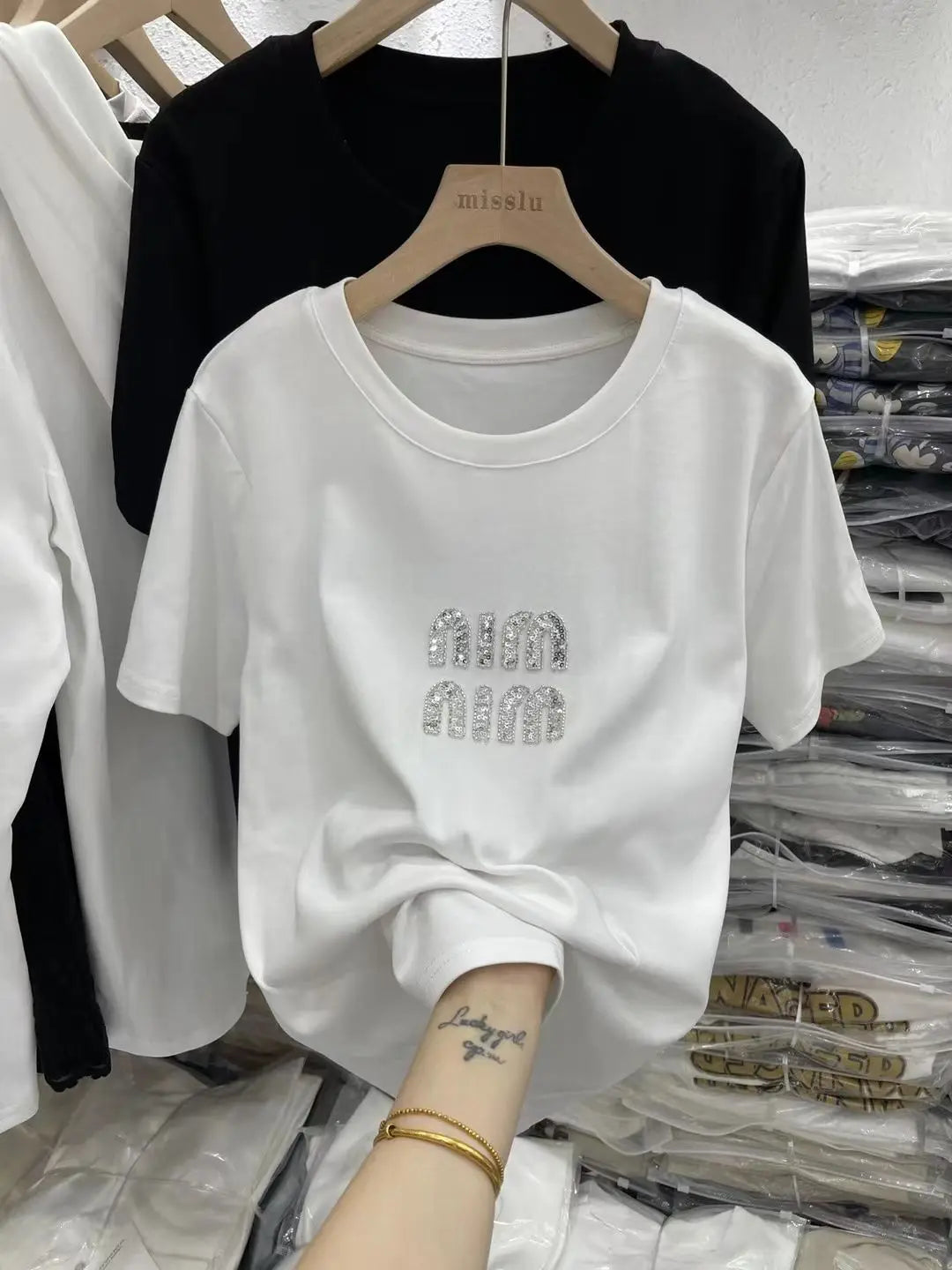 Women's Bead New Round Neck Heavy Industry Short Sleeve Summer T-shirt Fashion Casual Lady T-shirt
