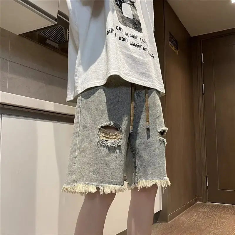 Ripped Denim Shorts Men's Breasted Five-point Design Sense High Street Beggar Medium Pants