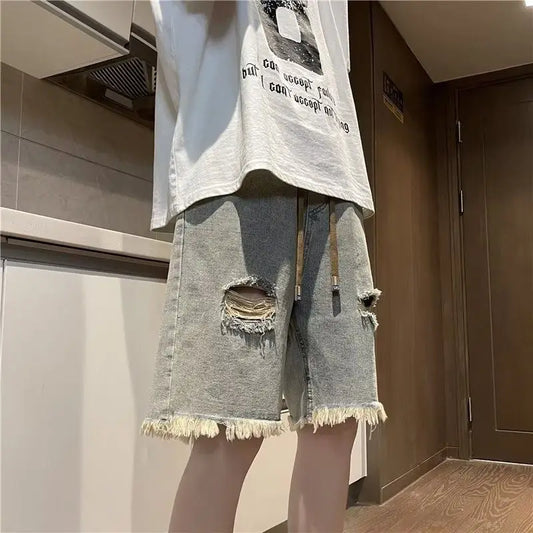 Ripped Denim Shorts Men's Breasted Five-point Design Sense High Street Beggar Medium Pants