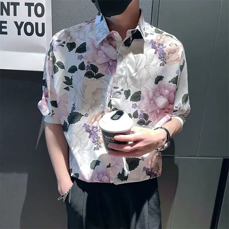 Men's Shirt Half Sleeve White Floral Print Button Up Cotton Sale Fashion 2025 Designer with Sleeves Man Normal Silk Male Shirts