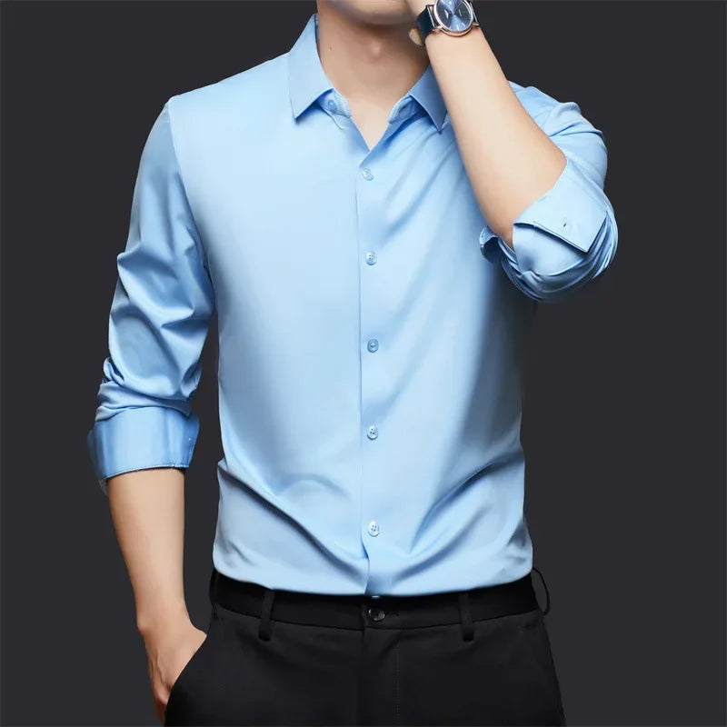 Spring and summer seamless high elasticity men's shirt long sleeved business casual wrinkle free shirt men's silky smooth shirt