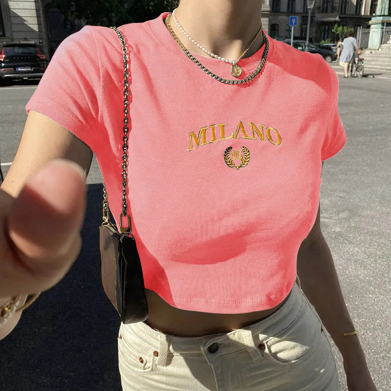 2024 New Women Cropped Top T-shirts Summer Fashion Embroidery Letter O-Neck Green Tees Slim Simple Basic Versatile Cropped Top