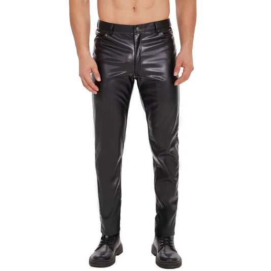 Black Matte Faux Leather Pant Men Slim Fit Pencil Pants Skinny PU Trousers Motorcycle Style Trousers Chic Straight Pant Leggings