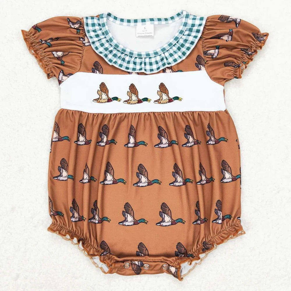 Boutique Infant Baby Girls Rompers Embroidery Camo Ducks Rompers Toddler Boys Rompers Sibling Girls Clothing Wholesale Jumpsuits