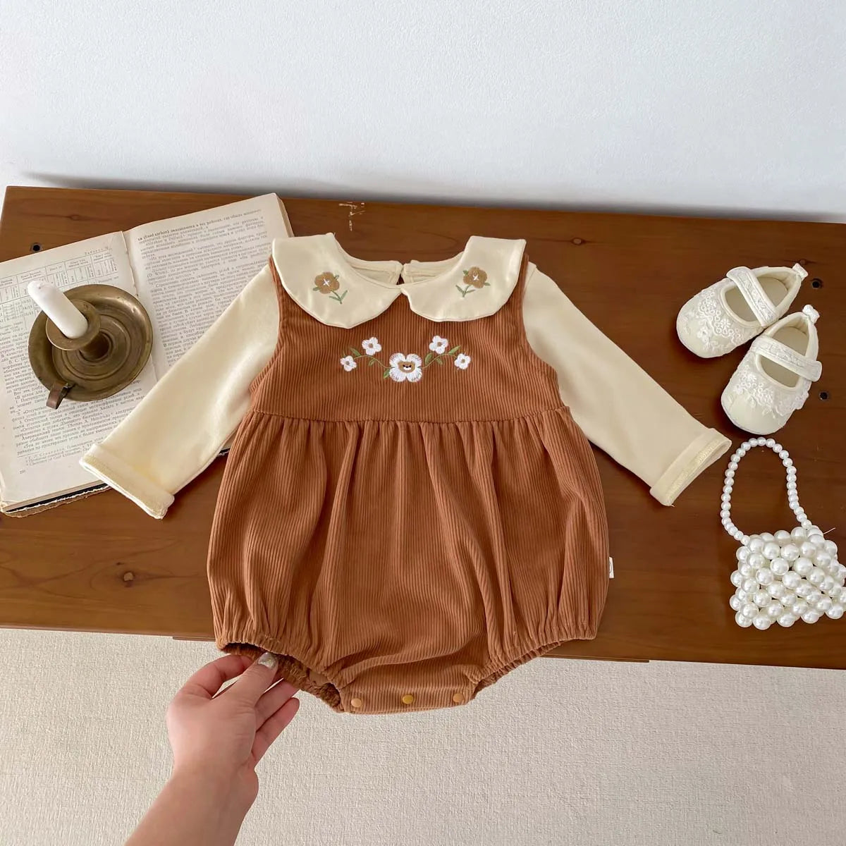 Baby  Suit Sleeveless Romper + Long Sleeves Shirt Corduroy Embroidered   Sweetheart  Baby Girls Bodysuit 1-3Y