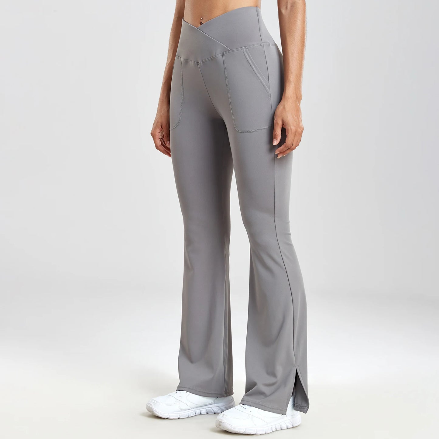 Women Casual Solid V-Waist Pocket Side Vent  Flared Leggings Slim Fit  Fashion Streetwear Lady Pants