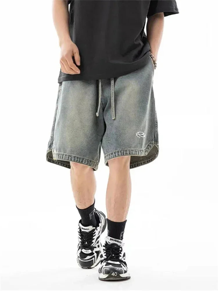 Summer Baggy Distressed Denim Pants For Men Basic Casual Streetwear Short Jeans Embroidery Hip Hop Fashion Y2K Bermuda Shorts