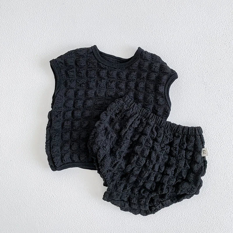 MILANCEL Summer Baby Clothing Set Sleeveless Tops Solid Blommer 2 Pcs Baby Suit