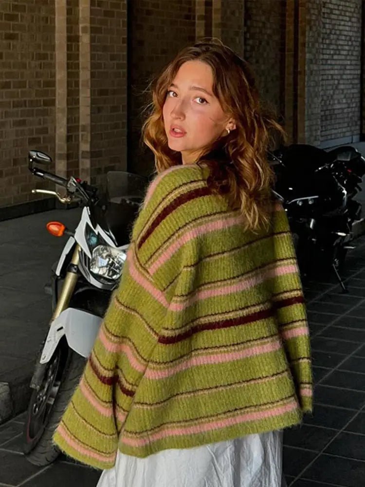 Elegant Stripe V Neck Women Sweater Single Breasted Loose Knitted Lady Cardigan 2024 Autumn Elegant Full Sleeve Female Coat