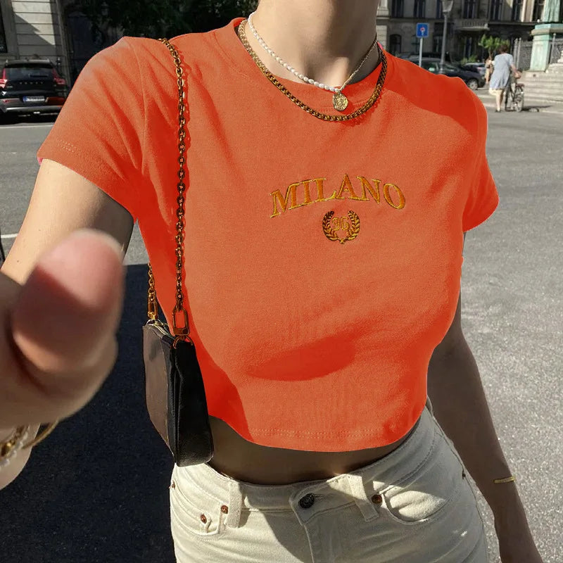 2024 New Women Cropped Top T-shirts Summer Fashion Embroidery Letter O-Neck Green Tees Slim Simple Basic Versatile Cropped Top