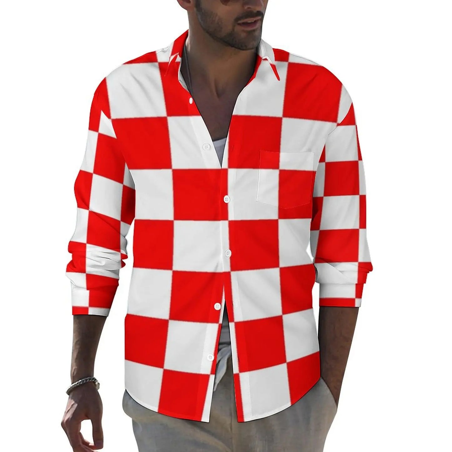 Black Checkerboard Shirt Men Classic Black and White Checker Casual Shirts Autumn Blouses Long Sleeve Fashion Oversized Clothing