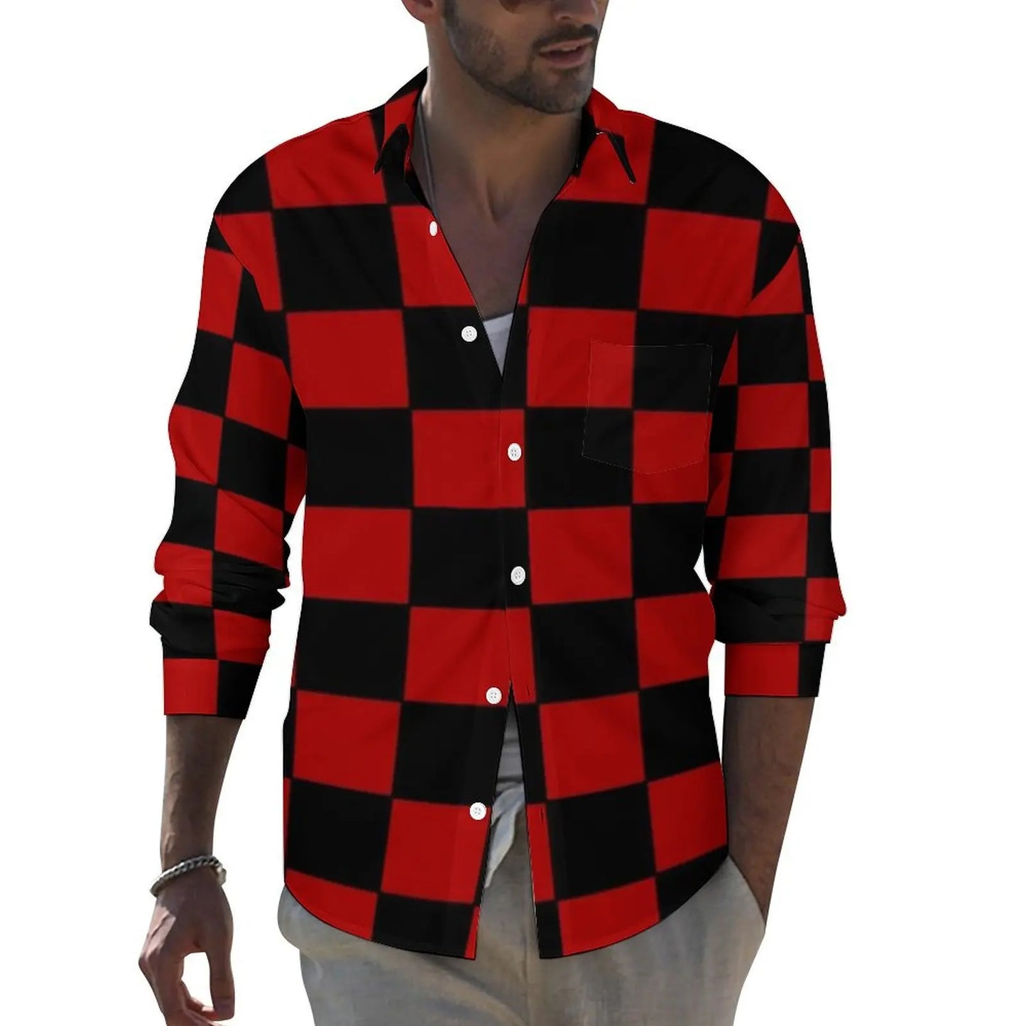 Black Checkerboard Shirt Men Classic Black and White Checker Casual Shirts Autumn Blouses Long Sleeve Fashion Oversized Clothing