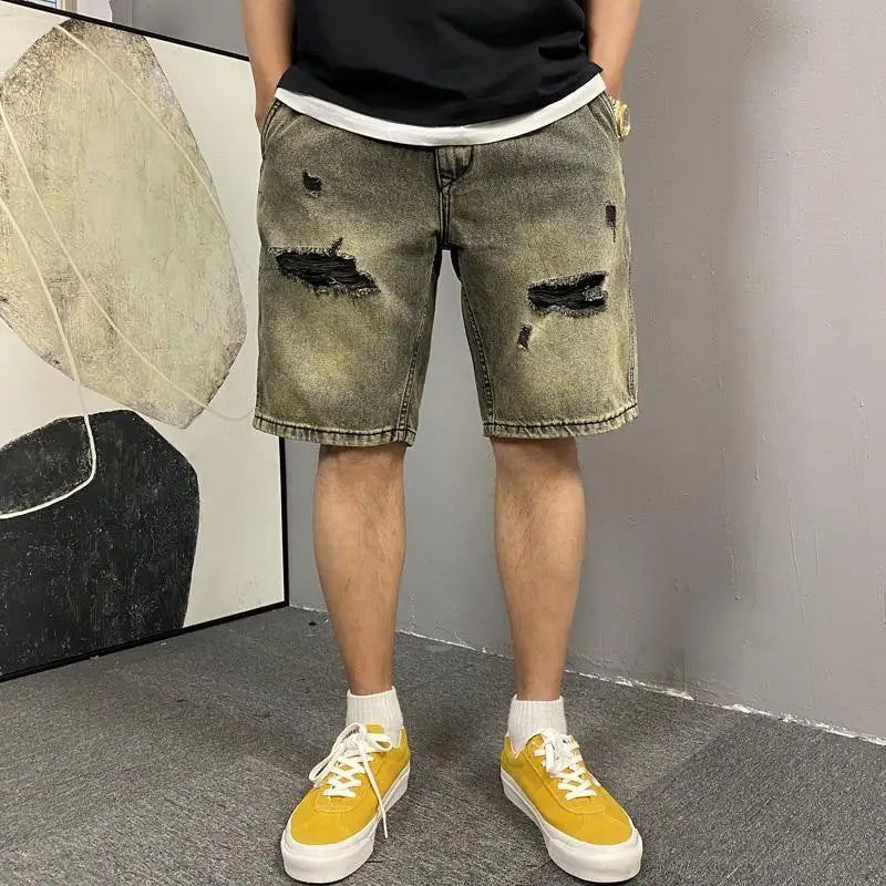 Men's New Button Zipper Pocket Straight Loose Five-point Casual Wash Retro Yellow Mud Ripped Denim Shorts