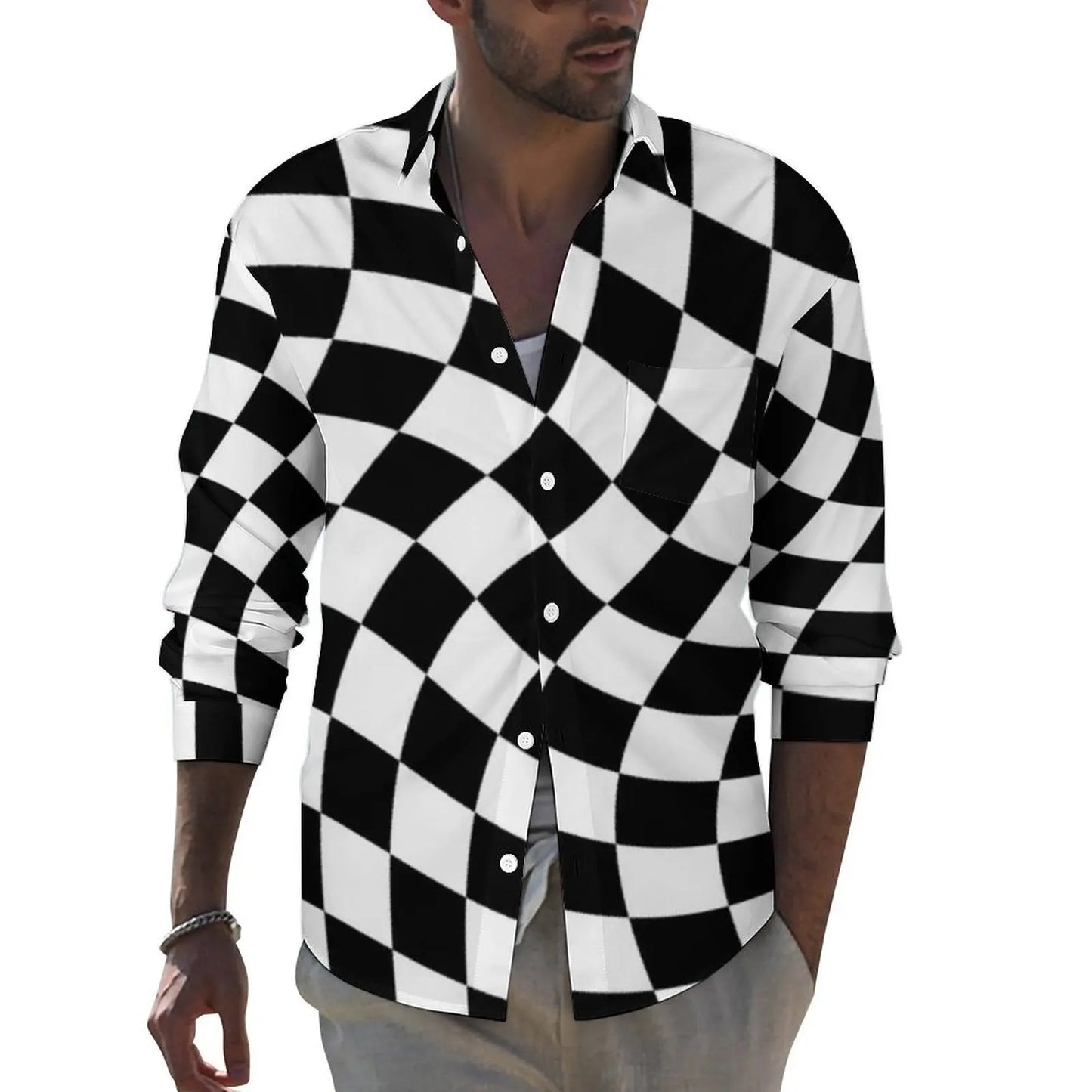 Black Checkerboard Shirt Men Classic Black and White Checker Casual Shirts Autumn Blouses Long Sleeve Fashion Oversized Clothing