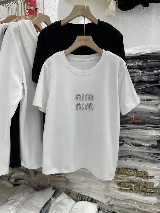 Women's Bead New Round Neck Heavy Industry Short Sleeve Summer T-shirt Fashion Casual Lady T-shirt