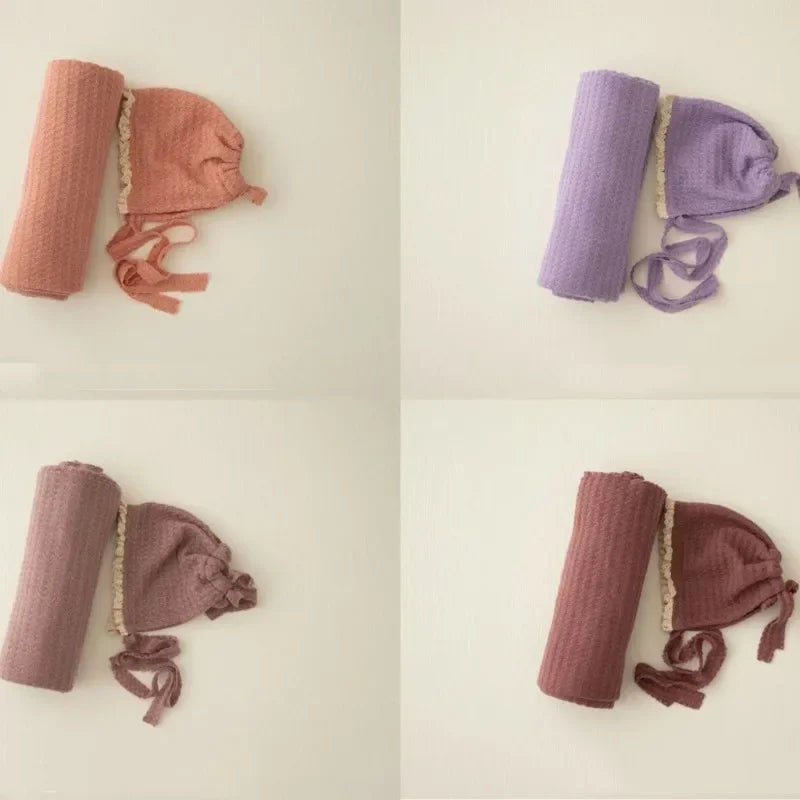 Baby Beanie Hat Boy Girl Lace Hat+Stretch Wrap Blanket Newborn Photography Props Cap